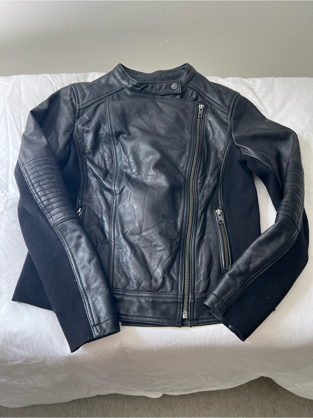Caslon Black Leather Moto Jacket with Knit Side Panels